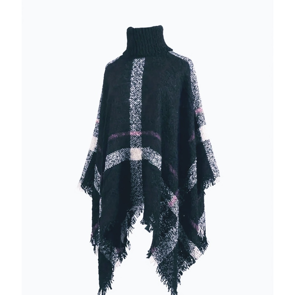 NEW! One Size Navy Blue Cozy Loose Turtleneck Plaid Super Soft Poncho! - Picture 5 of 5